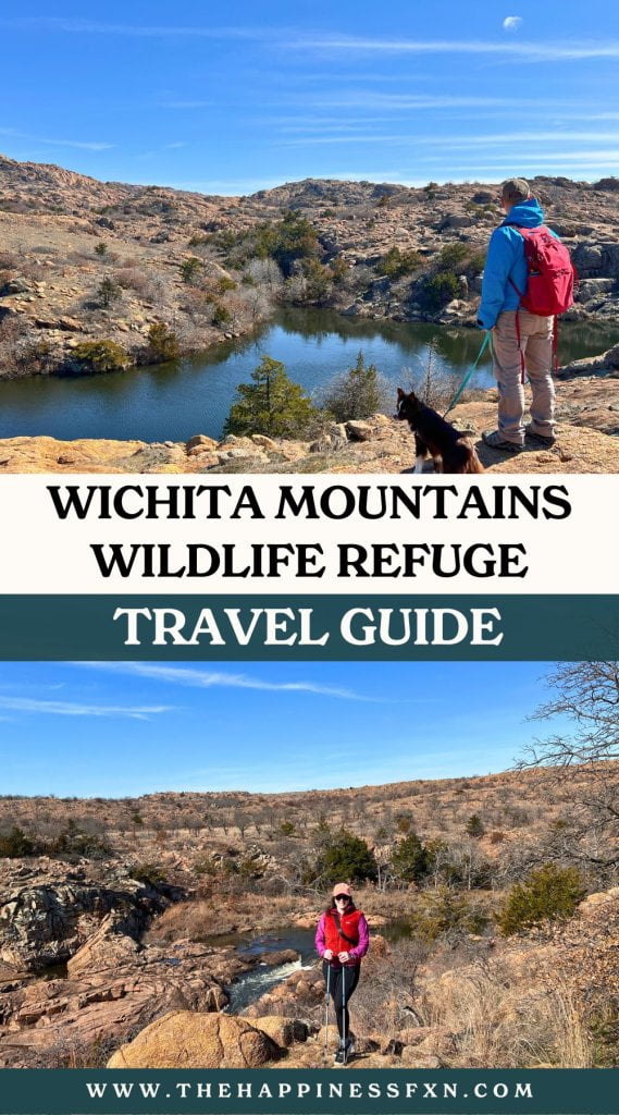 top photo: man and dog hiking in Charons Garden Wilderness Area; bottom photo: girl hiking in the Wichita Mountains Wildlife Refuge.