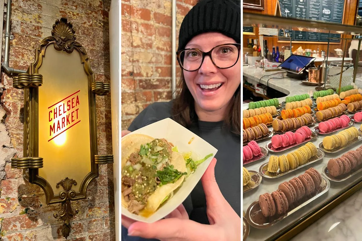 left photo: Chelsea Market sign; middle photo: Ashlee eating a taco; right photo: colorful macaroons.