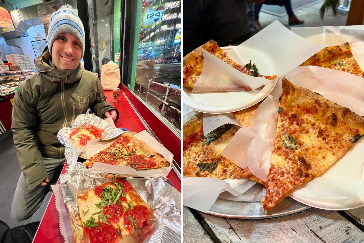 Eating pizza in New York City.