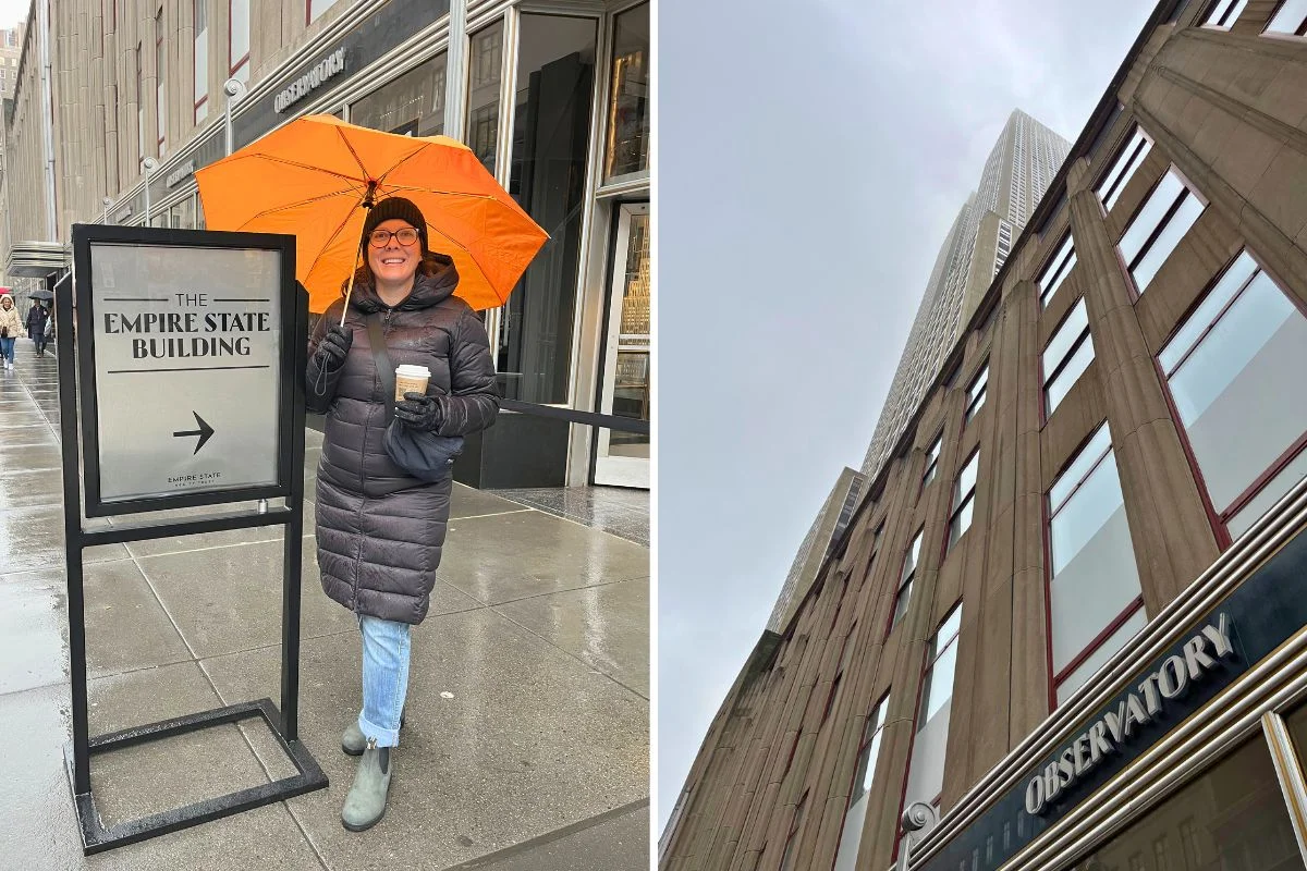 left photo: Ashlee standing in front of the Empire State Building; right photo: looking up into the clouds.