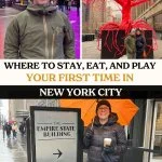top left photo: Pablo standing in Times Square; top right photo: Standing in front of the red "old tree" on the High Line; bottom photo: Ashlee in front of the Empire State Building.