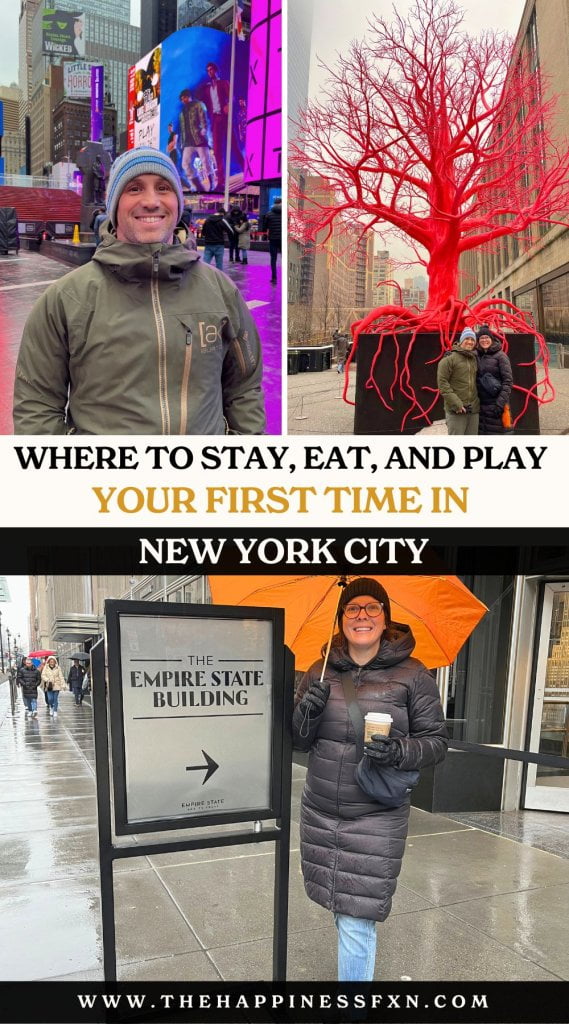 top left photo: Pablo standing in Times Square; top right photo: Standing in front of the red "old tree" on the High Line; bottom photo: Ashlee in front of the Empire State Building.