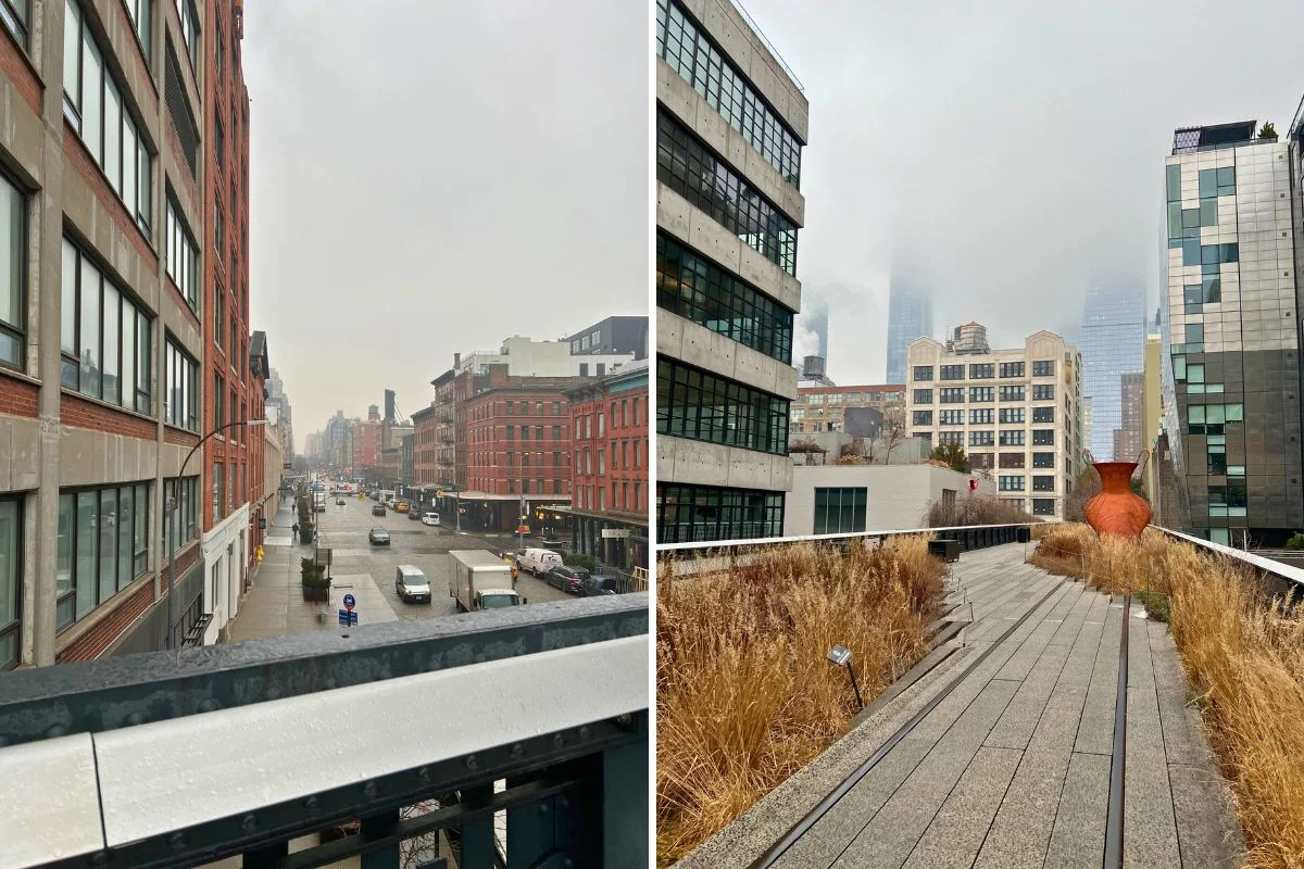 Views of the High Line Trail on a cloudy day in Manhattan.
