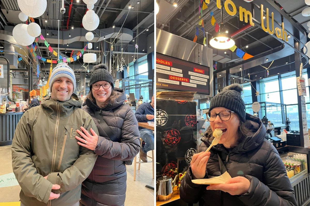 left photo: Ashlee and Pablo posing for photo at Market 57; right photo: Ashlee eating a dumpling.