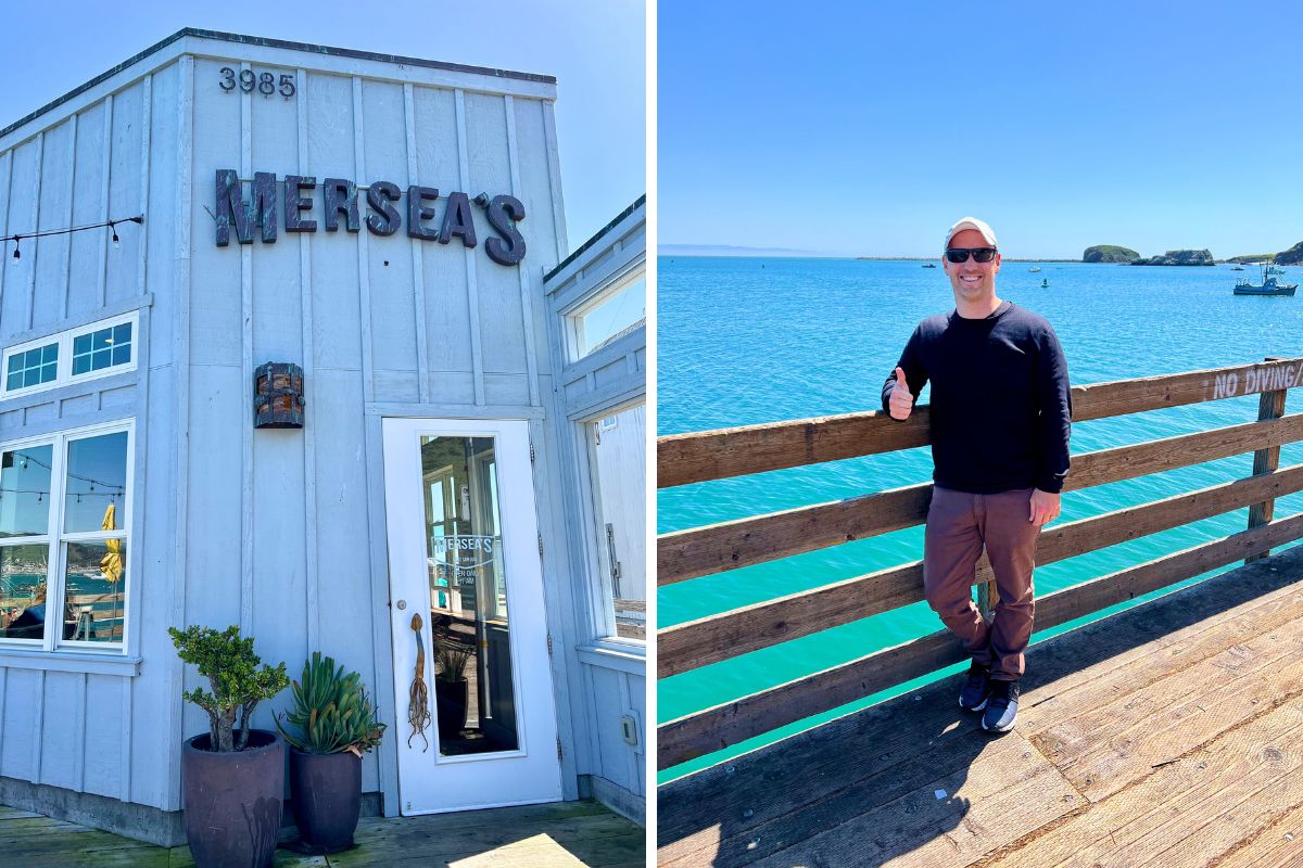 Mersea's Restaurant and Pablo standing at the Pier near Avila Beach, California.