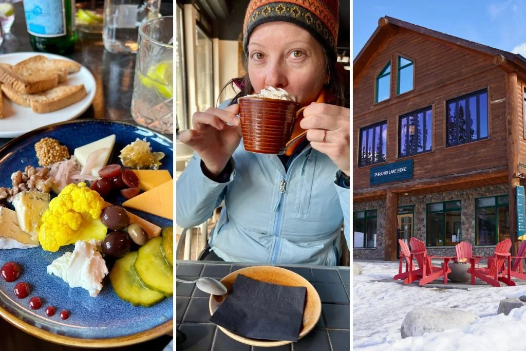 left image: Aalto cheese plate, middle image: Ashlee drinking hot chocolate; right image: Pyramid Lake Lodge