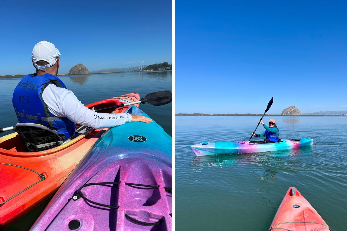 Ashlee and Pablo kayaking in Morro Bay, Morro Rock in the background.