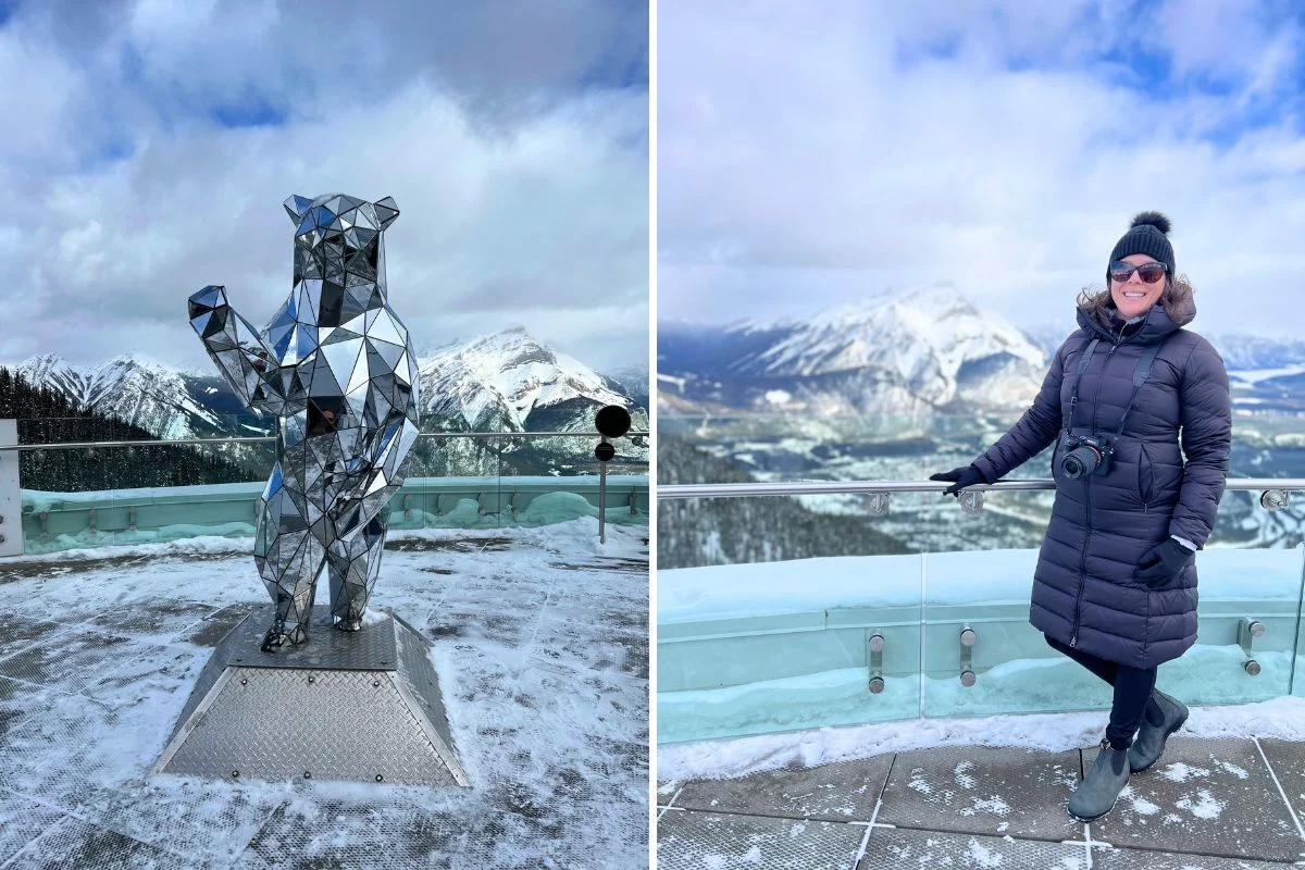 Ashlee posing for picture, and bear art at the top of the Banff Gondola.