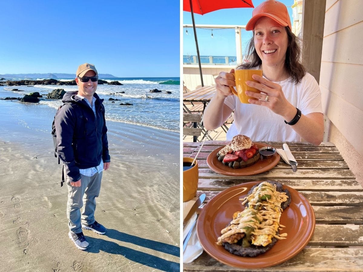 LP: Pablo standing on the beach in Cayucos LP: Ashlee eating waffles at the Hidden Kitchen.
