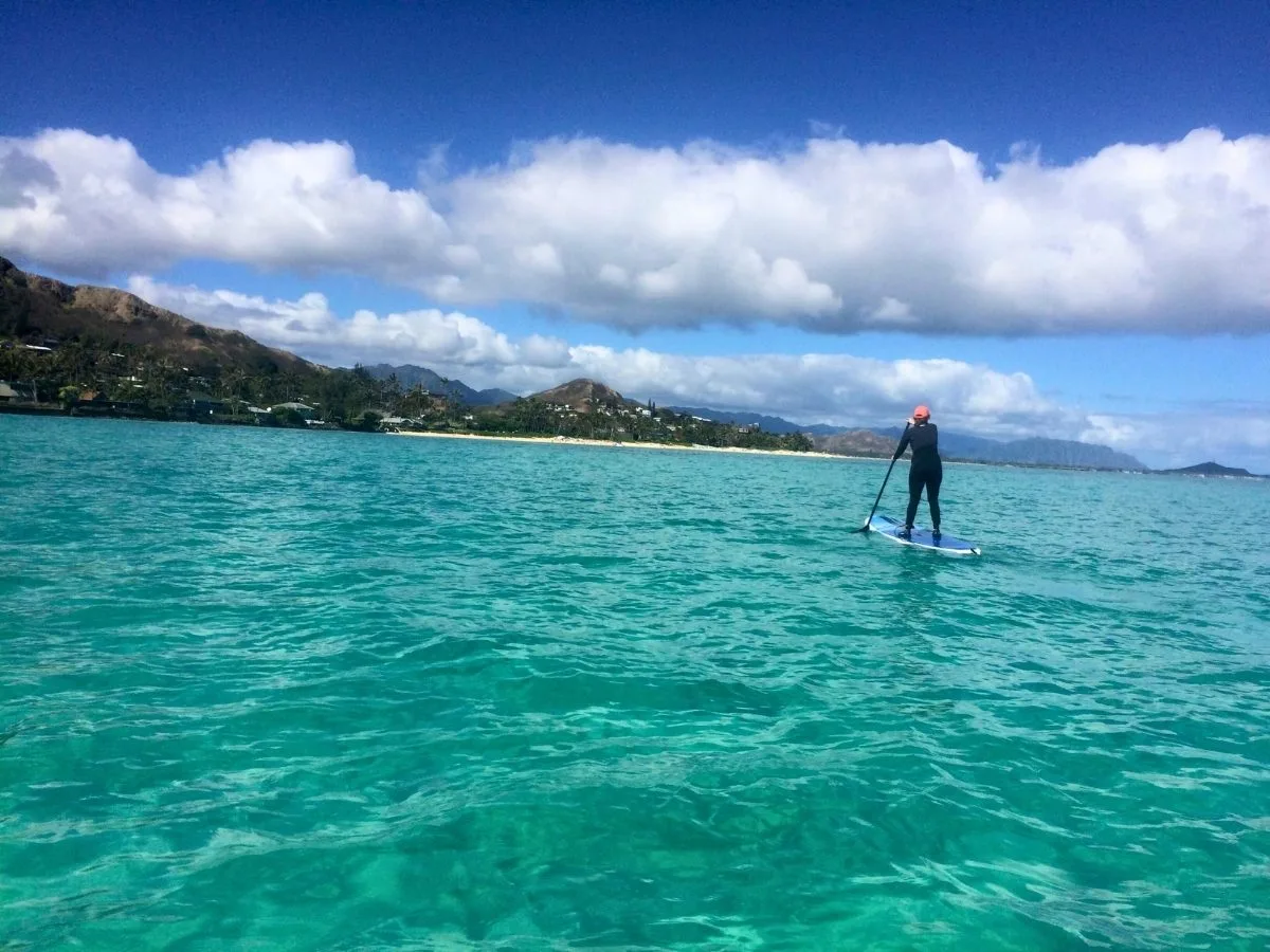 Ashlee standup paddleboarding in Kailua Bay, Oahu