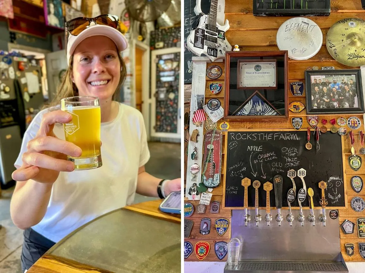 Ashlee holding a beer / inside of Bedford Brewing Co.