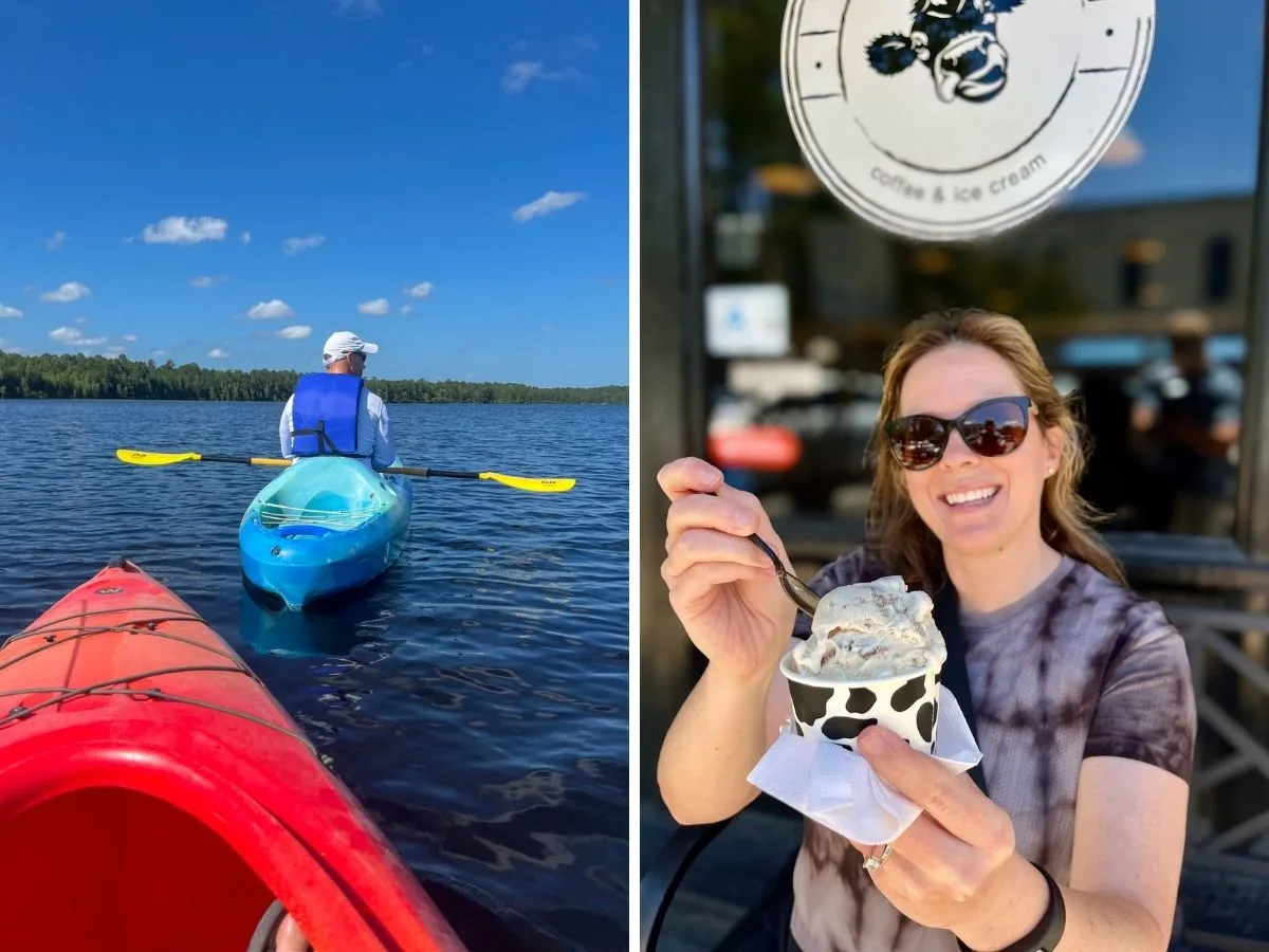 Pablo kayaking on Lake Juniper / Ashlee eating ice cream