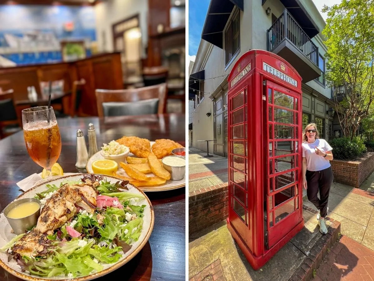 Salad at Fish Camp / Ashlee standing in front of a red telephone booth in Fort Mill.