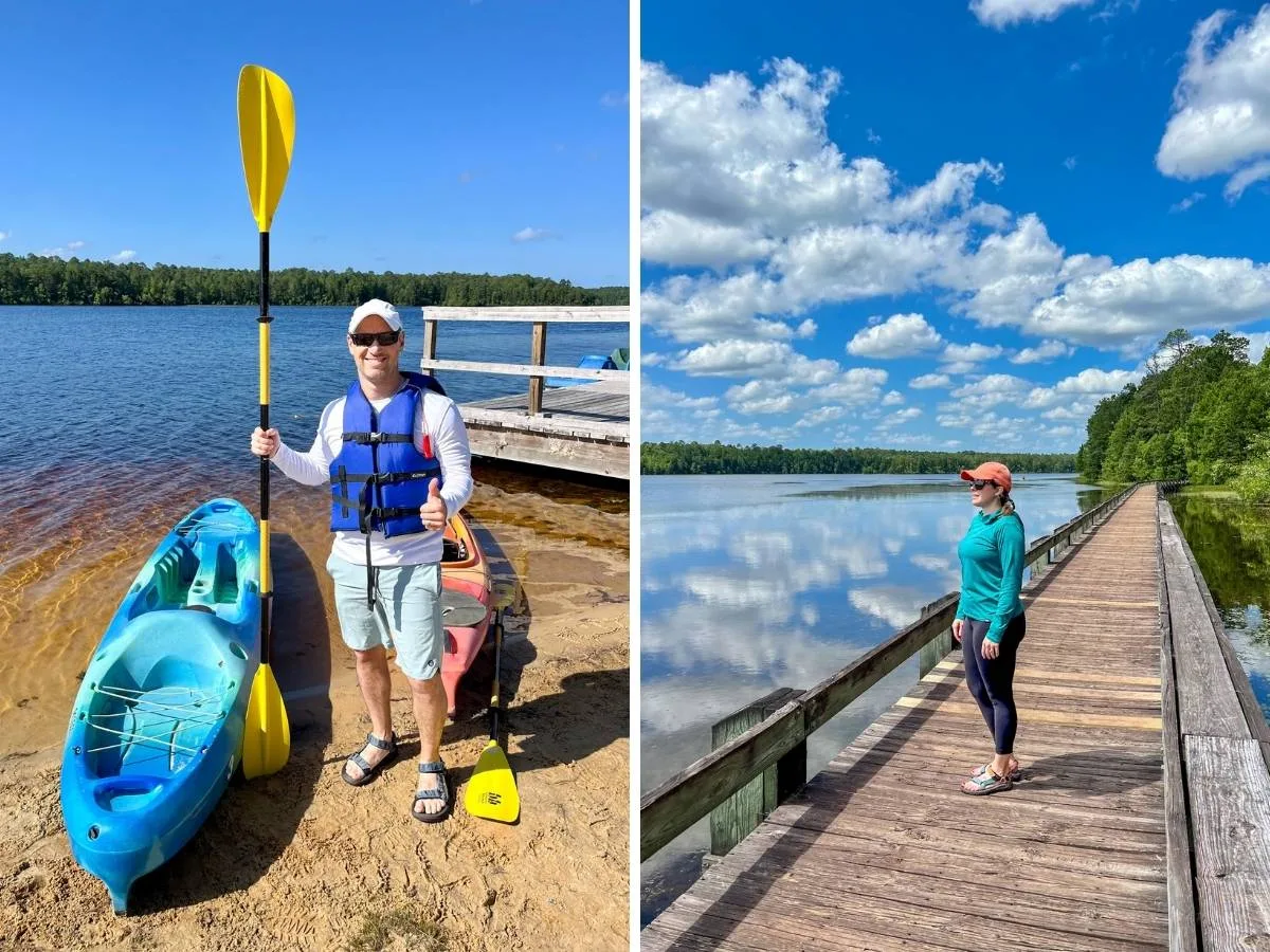 Pablo getting ready to kayaking at Cheraw State Park / Ashlee walking the Boardwalk Trail