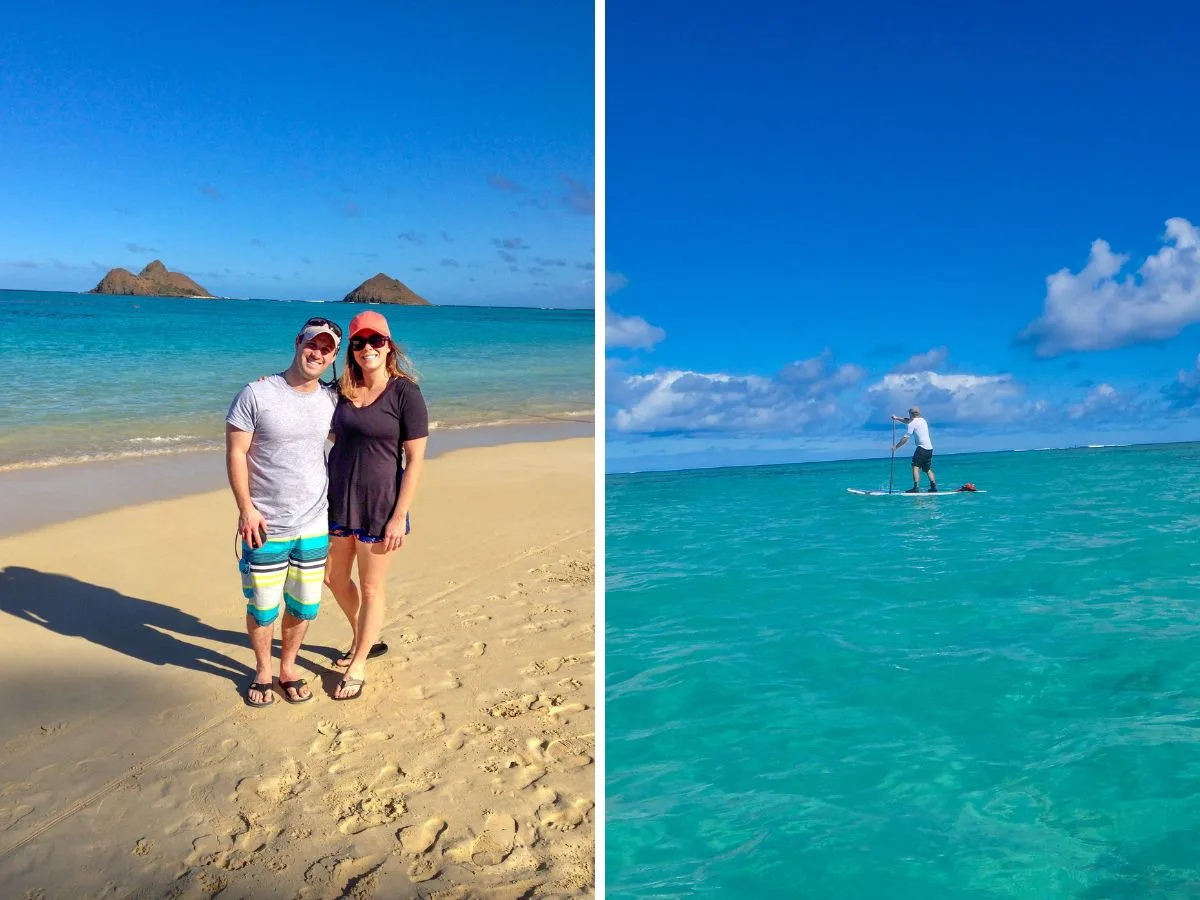 Ashlee and Pablo standing on Lanikai Beach in Oahu / Pablo paddle boarding in Oahu