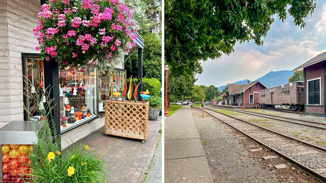 Left image: Downtown Issaquah, Washington; glass blowing shop; Right image: view of the Issaquah Alps, old historic railroad