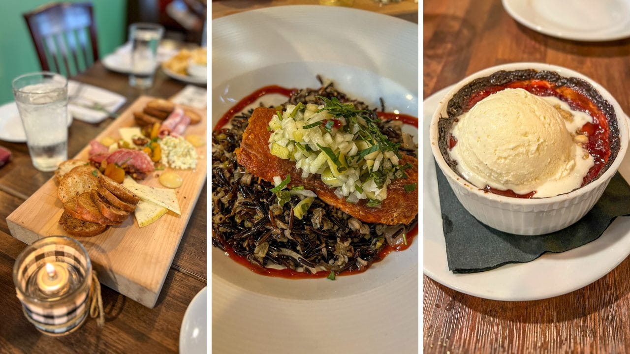 Charcuterie board, salmon, dessert