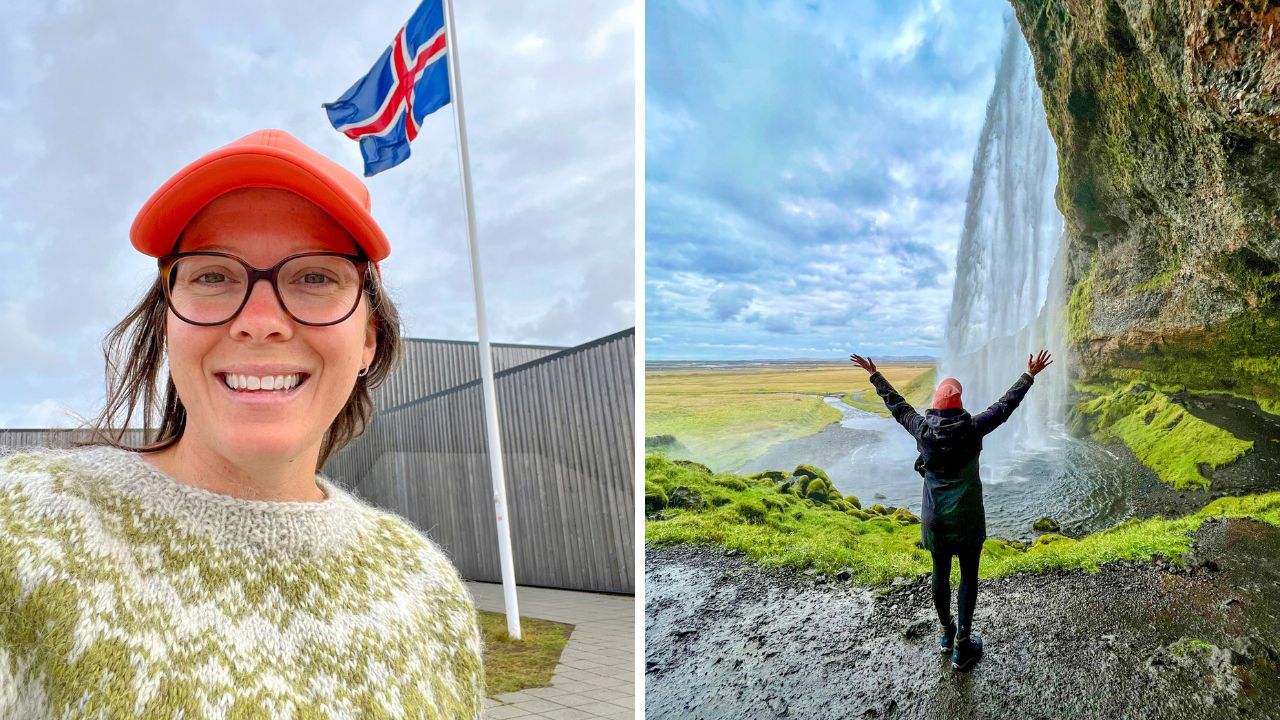 Happy selfie wearing wool sweater from Iceland / Seljalandsfoss waterfall